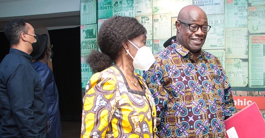 Fritz Baffour (right), a former Member of Parliament for Ablekuma South, interacting with Nana Konadu Agyeman-Rawlings, during the exhibition in commemoration of the June 4 Uprising
